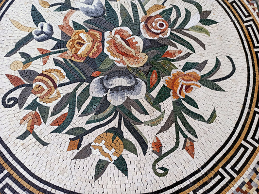 Handmade Marble Mosaic Tile: Colorful Roses, Greek Key Border (40x40)