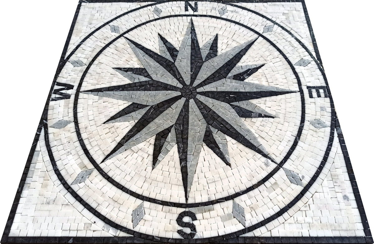 Handmade Compass Mosaic Tile: Nautical Stone Backsplash (32x32)