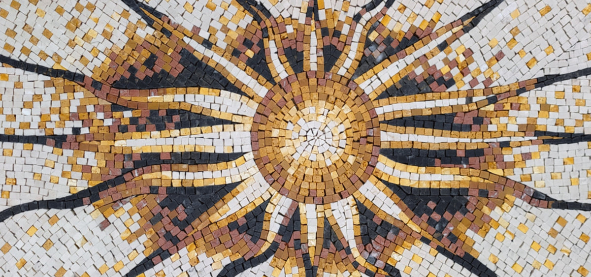 Flaming Sun Marble Mosaic Rug: Handmade Celestial Tile Art