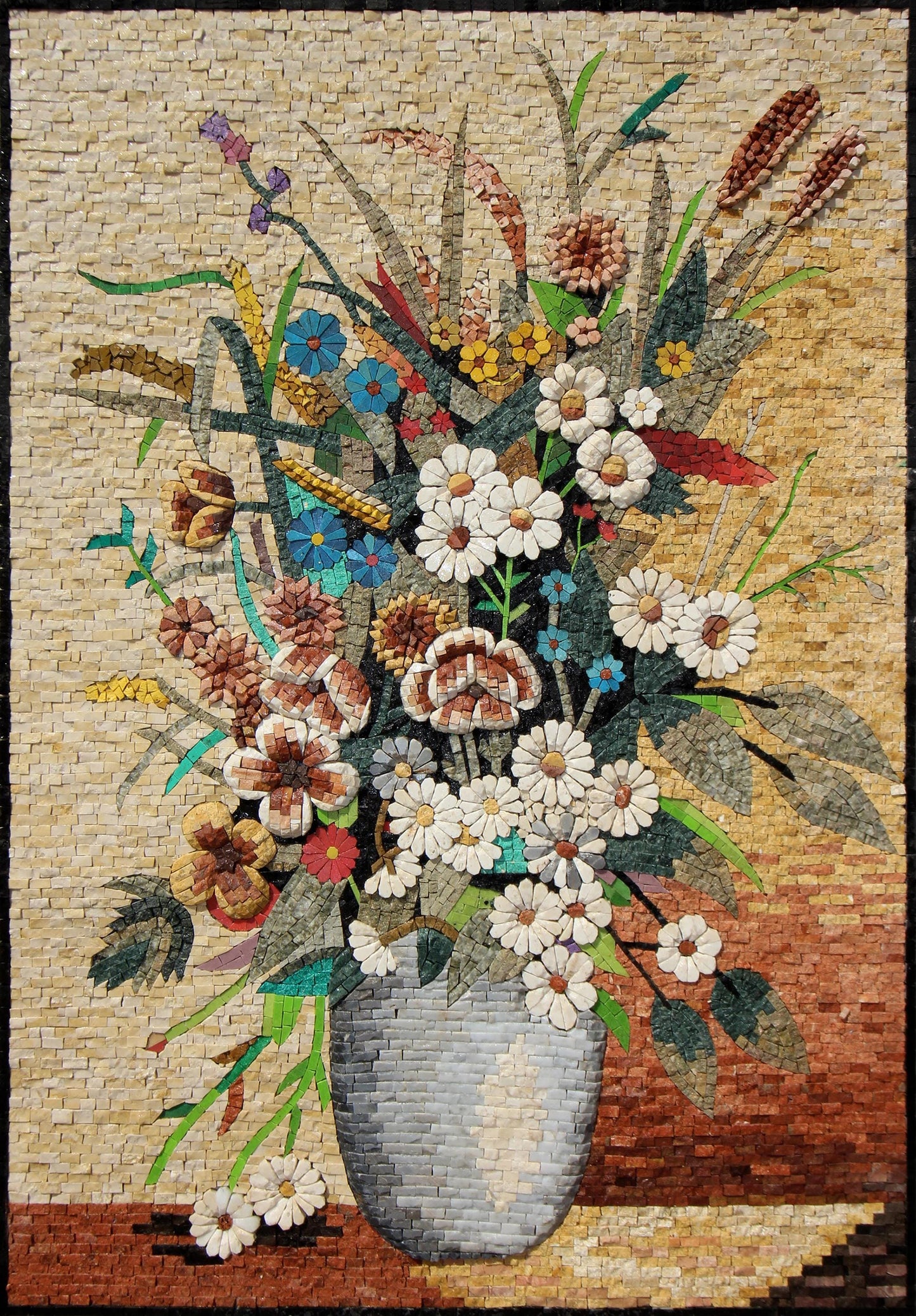 Handmade Floral Mosaic Tile Art: Marble Flower Vase Backsplash