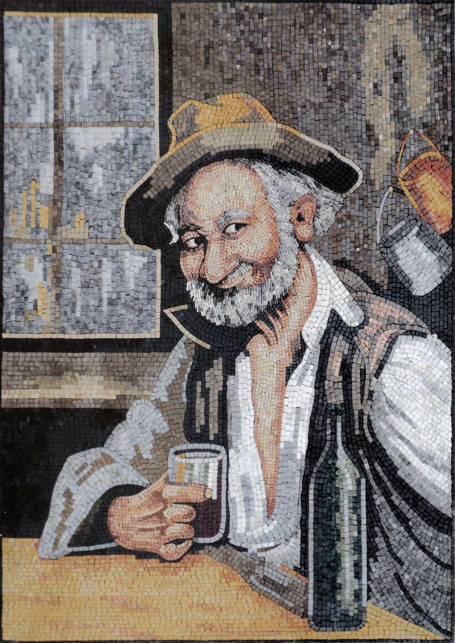 Handmade Mosaic Mural: Man in Hat Drinking - Stone & Marble Art