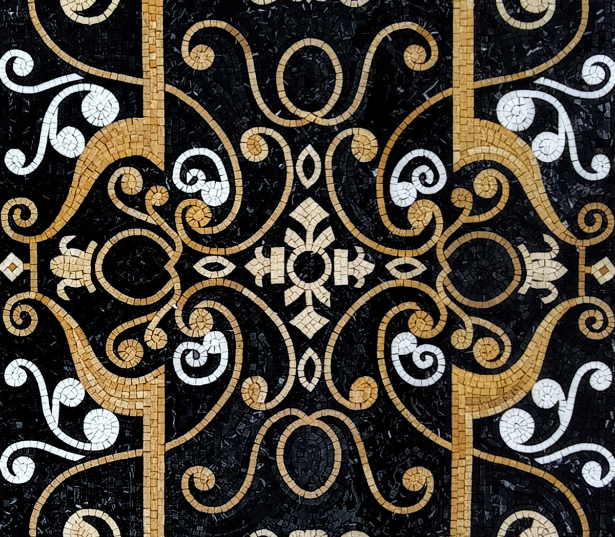 Handmade Black Marble Mosaic Rug: Floral Art Decor (80” x 36")
