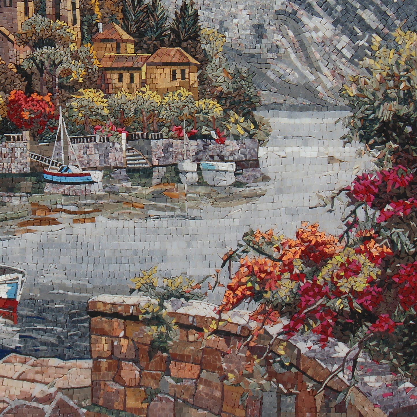 Seascape Mosaic Mural: Handmade Marble Sailboat, Coastal Village Art (40x40")
