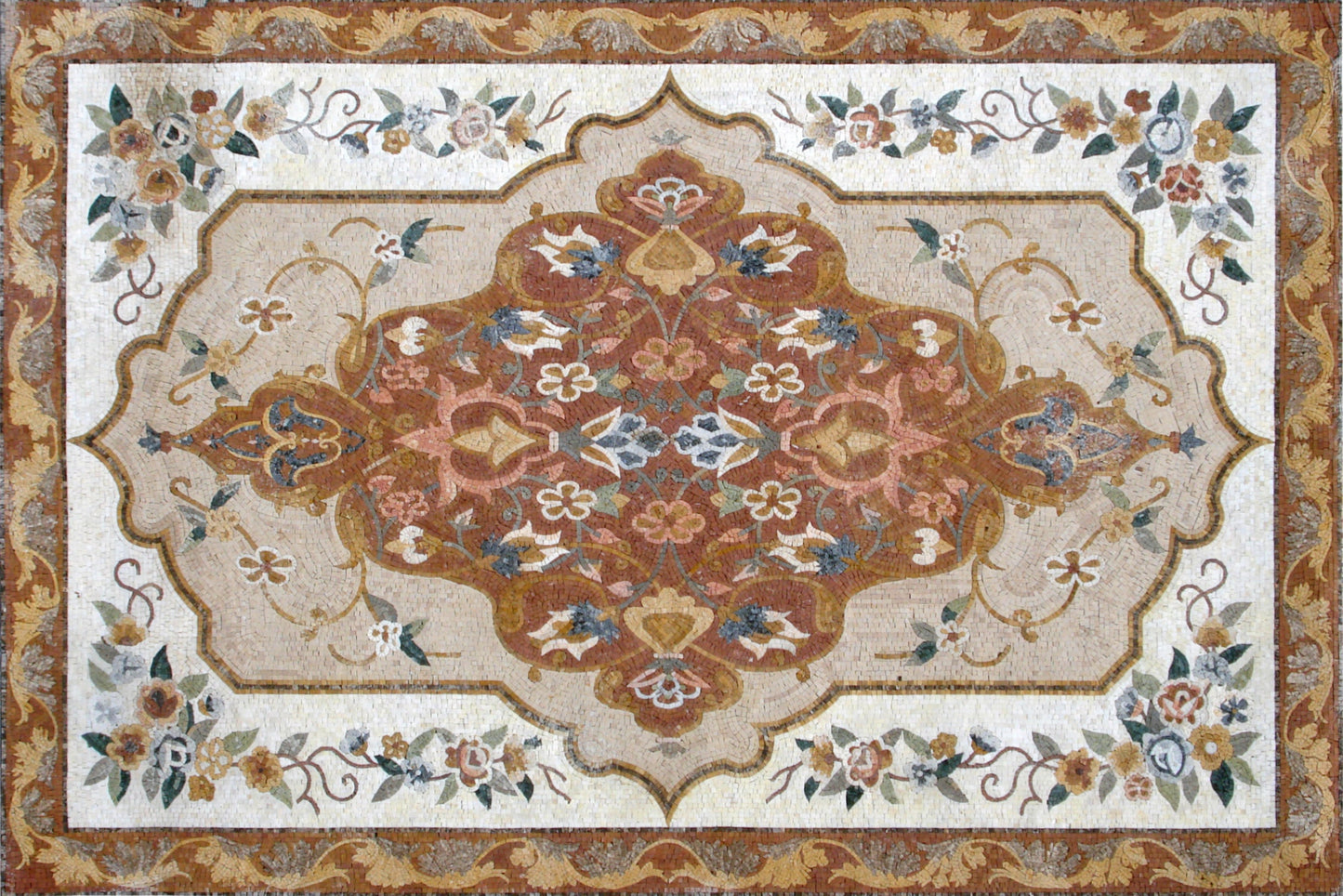 Handmade Marble Stone Mosaic Rug: Flower Design Art Tile (84” x 56")