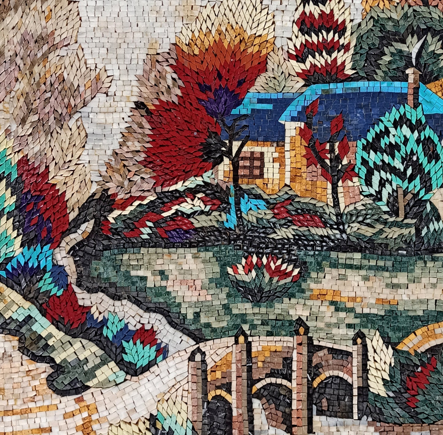 Handmade Marble Mosaic Mural: Desert Palm Tree Landscape Tile