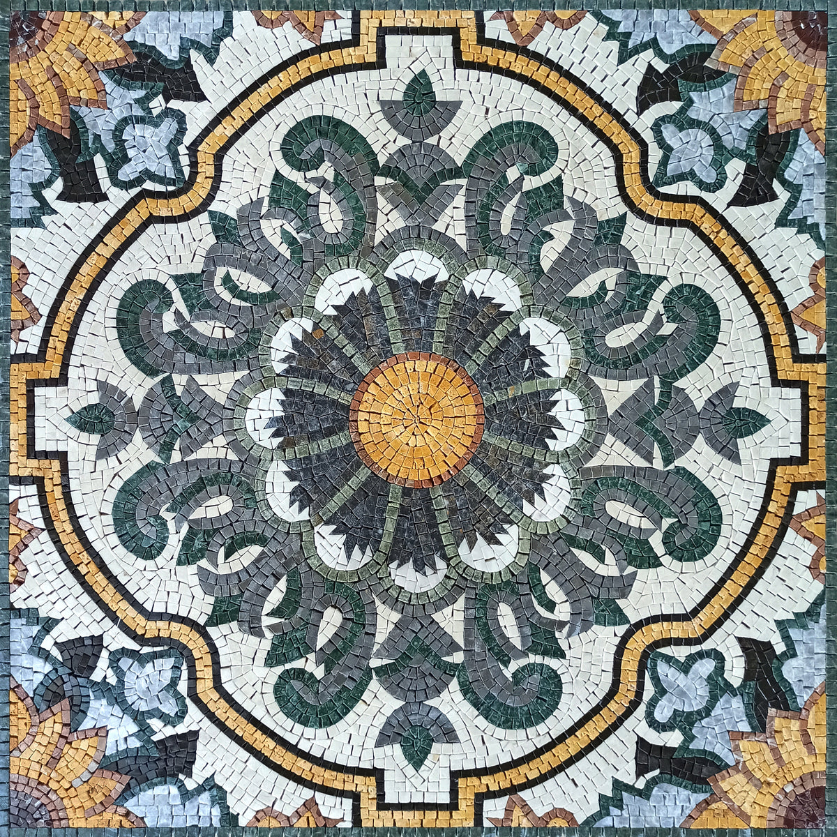 32" Geometric Medallion Marble Mosaic: Abstract Inlay Tile Art