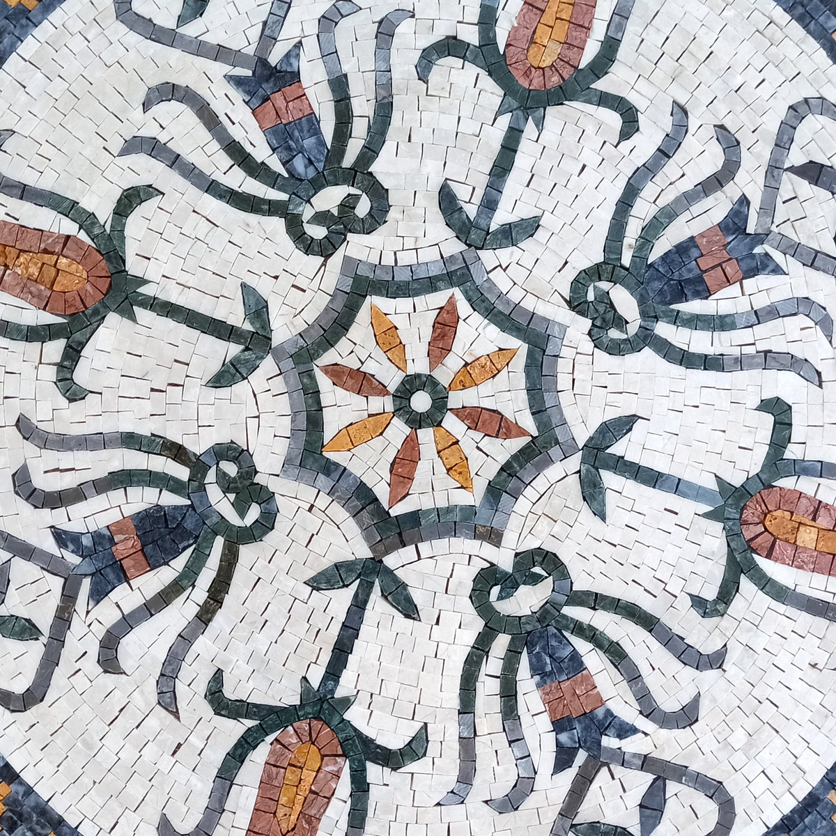 Handmade Floral Marble Mosaic Medallion - 32 Inch Art Tile Decor