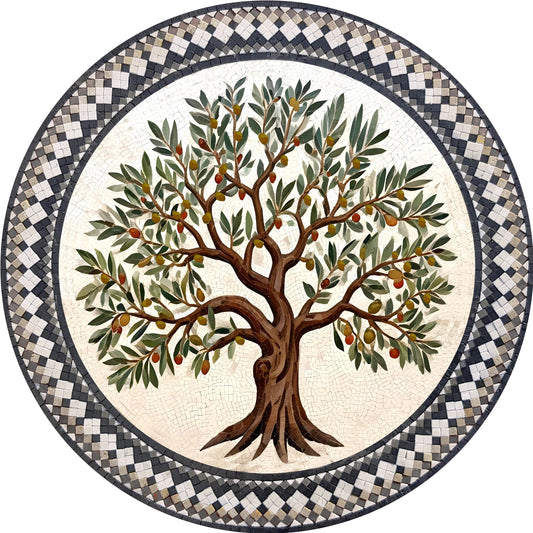 Olive Tree Backsplash Marble Mosaic Medallion Tiles. Customization. Handcrafted Roman Mosaics