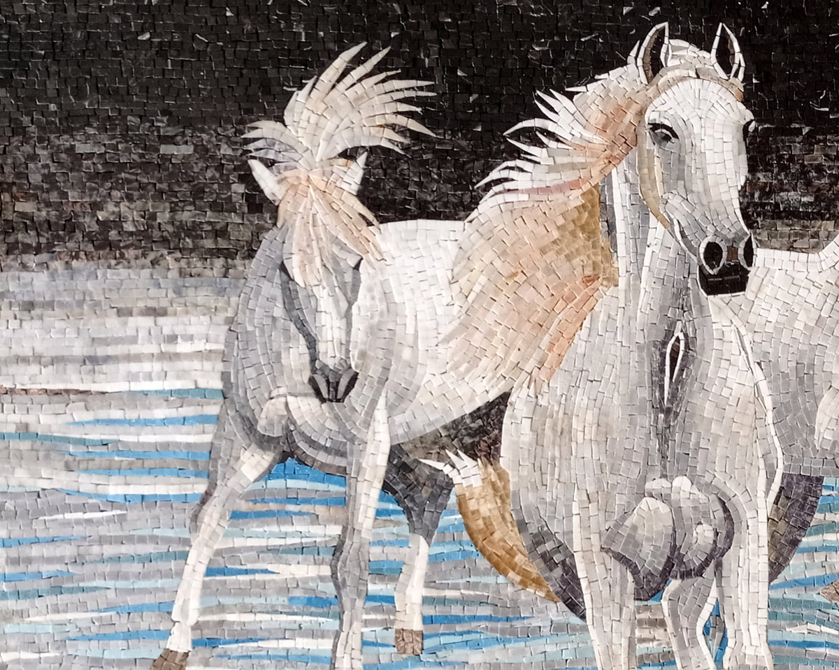 Handmade White Horse Marble Mosaic Mural: Animal Wall Art (60" x 48")