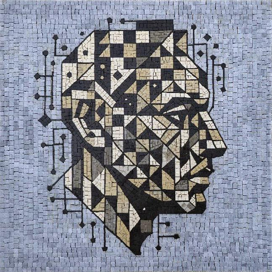 Robot Head Mosaic Wall Art – Custom Mechanical Sci-Fi Marble Tile Décor- Customization Available