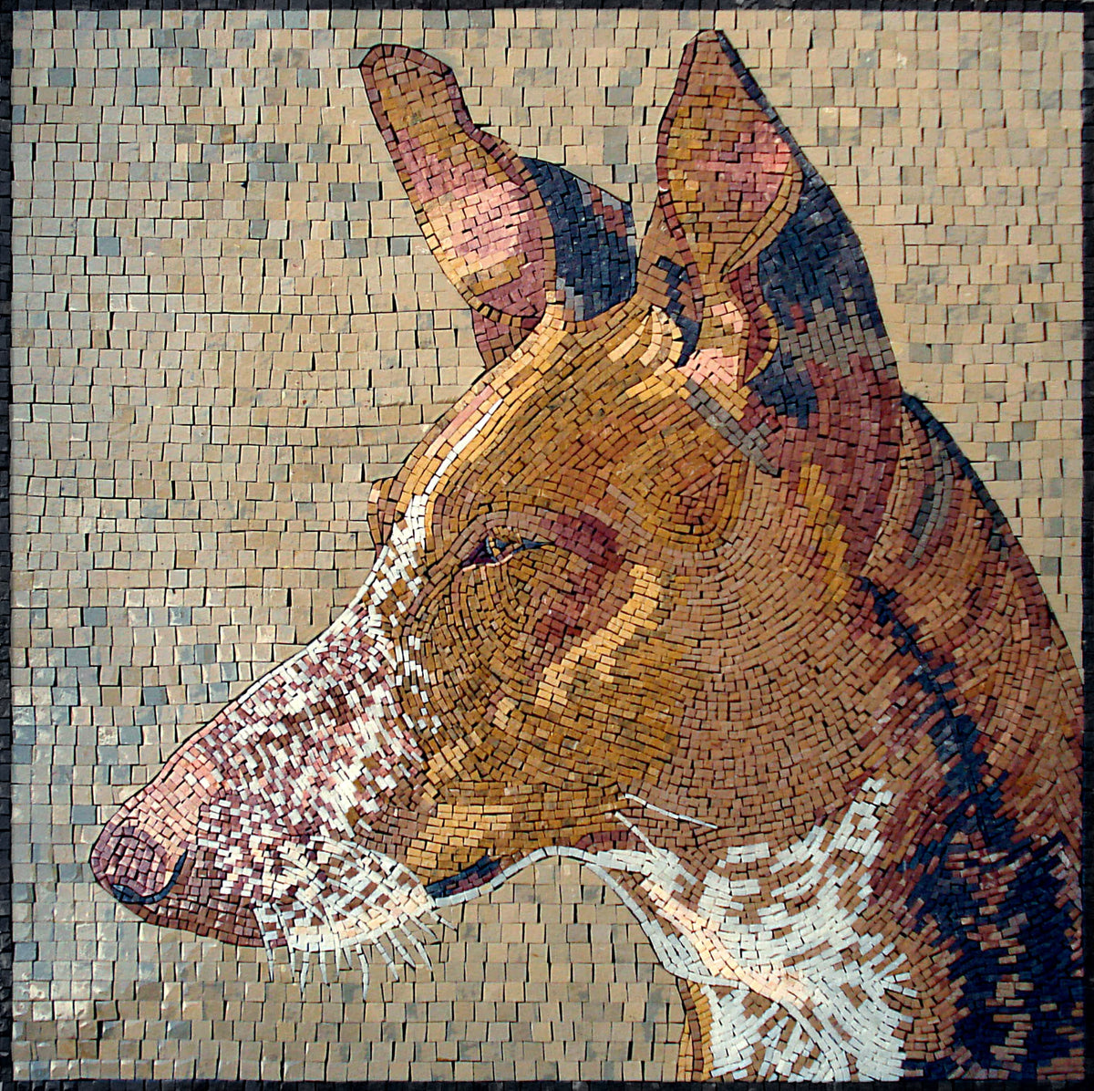 Handmade Basenji Dog Mosaic: Marble Pet Portrait Backsplash (24” x 24")