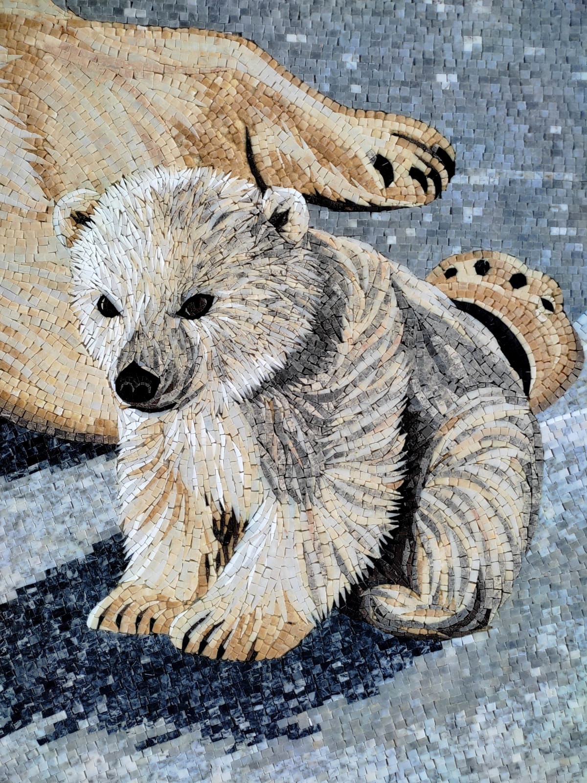 Handmade Polar Bear with Cub Marble Mosaic Tile Art