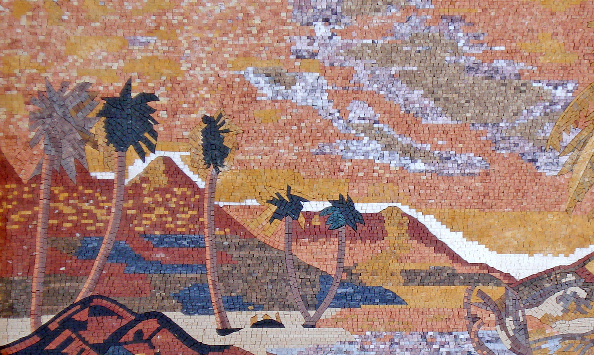 Handmade Desert Mosaic Tile Art: Palm Trees, Lake, Marble Stone