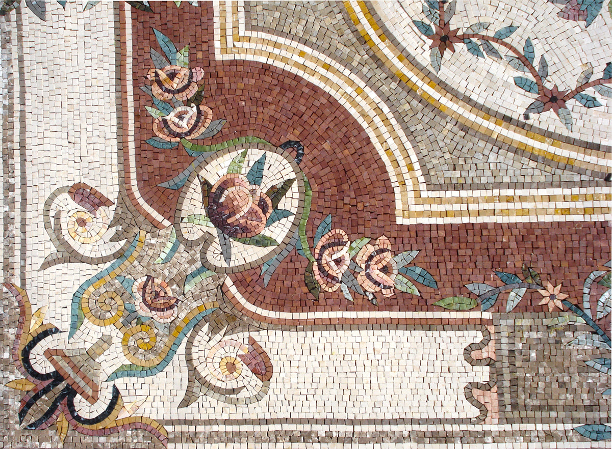 Floral Marble Mosaic Rug: Handmade Stone Carpet (104” x 72")