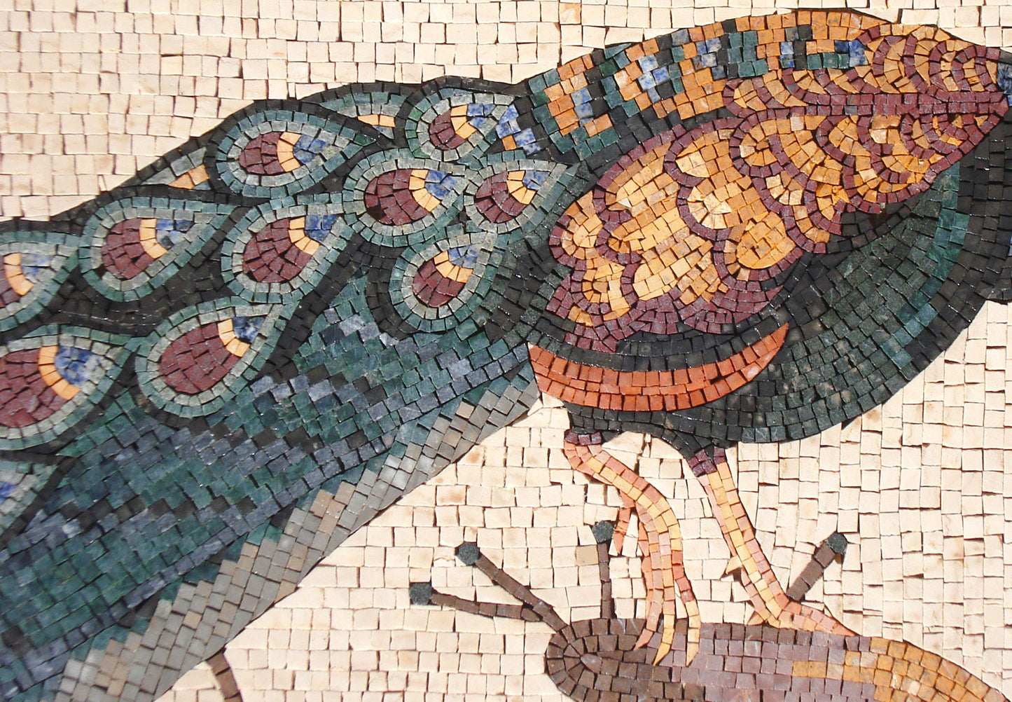 Handmade Peacock Mosaic Tile Art: Stone Backsplash (52” x 36")