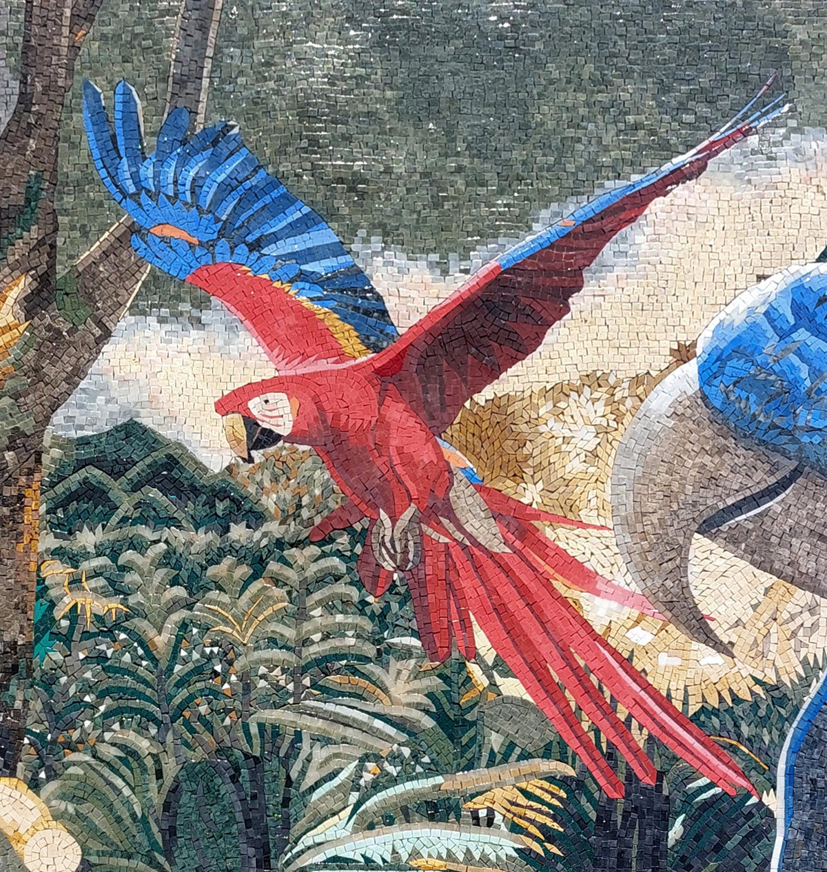 90"x40" Parrots Mosaic Wall Art –Vibrant Tropical Bird Scene, Nature-Inspired Home Decor, customization available