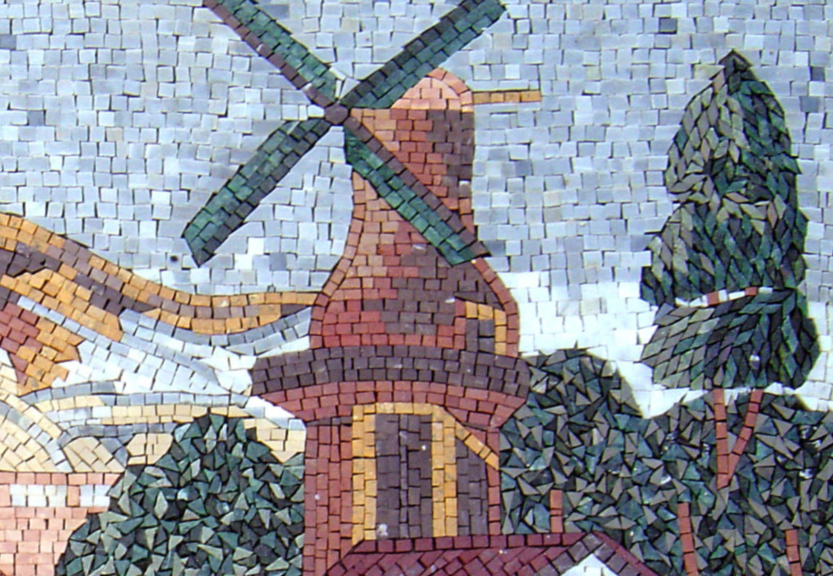 Handmade Windmill Mosaic Mural: Marble Stone Farmhouse Wall Art