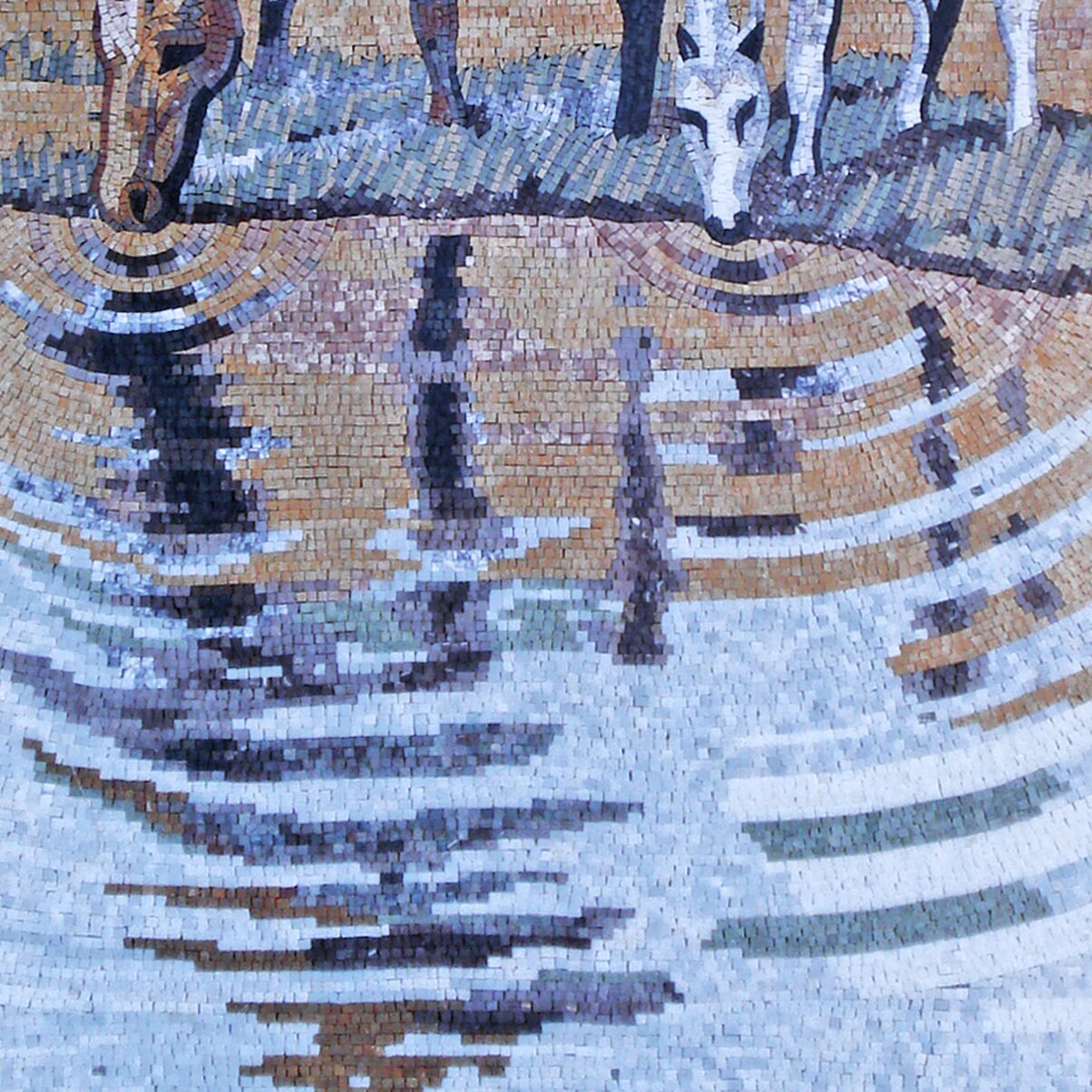 AN009 Horses Drinking Mural Marble Mosaic Art