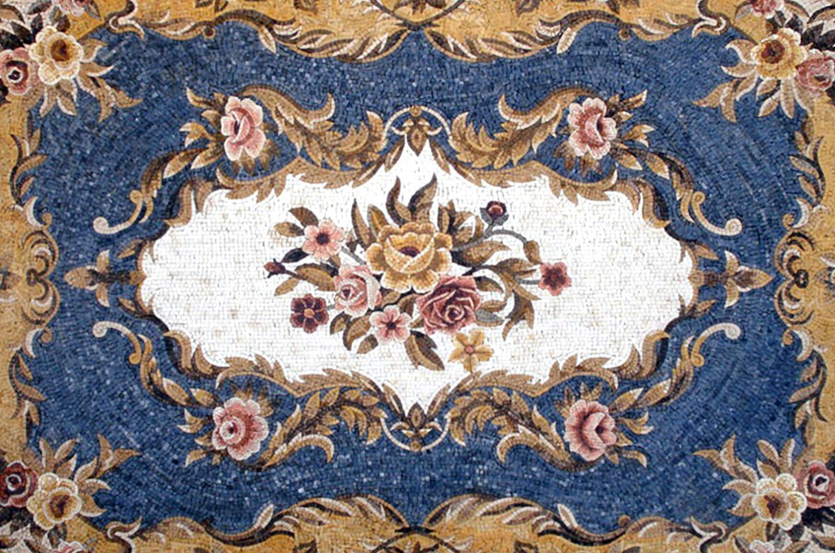 Handmade Marble Stone Mosaic Rug: Floral Art Decor (72” x 48”)