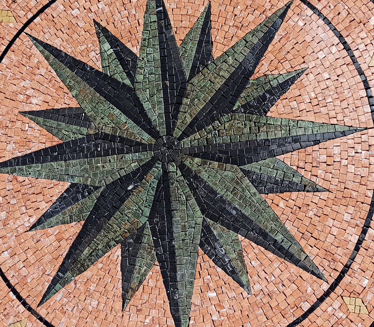 Handmade Compass Rose Mosaic Tile: Nautical Stone Medallion (32" Diameter)