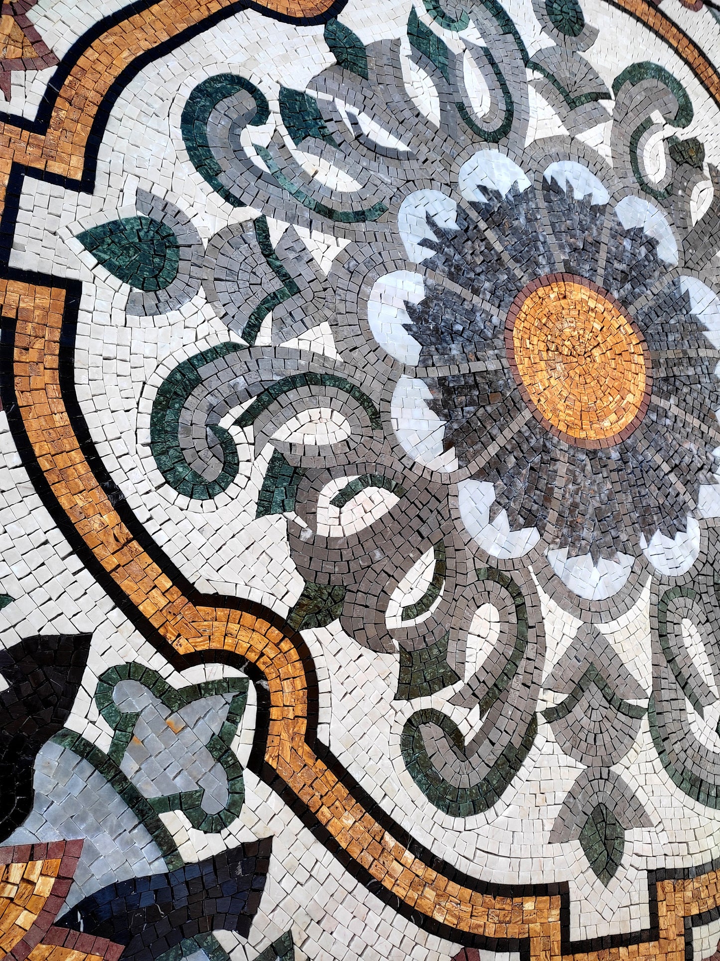 Handmade Marble Mosaic Medallion: Geometric Floral Tile, 48” Square