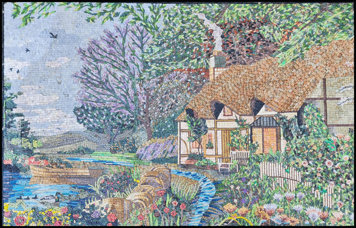 Handmade Marble Mosaic Wall Art: Village House with River (50"x32")