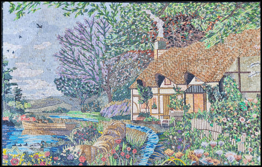 Handmade Marble Mosaic Wall Art: Village House with River (50"x32")