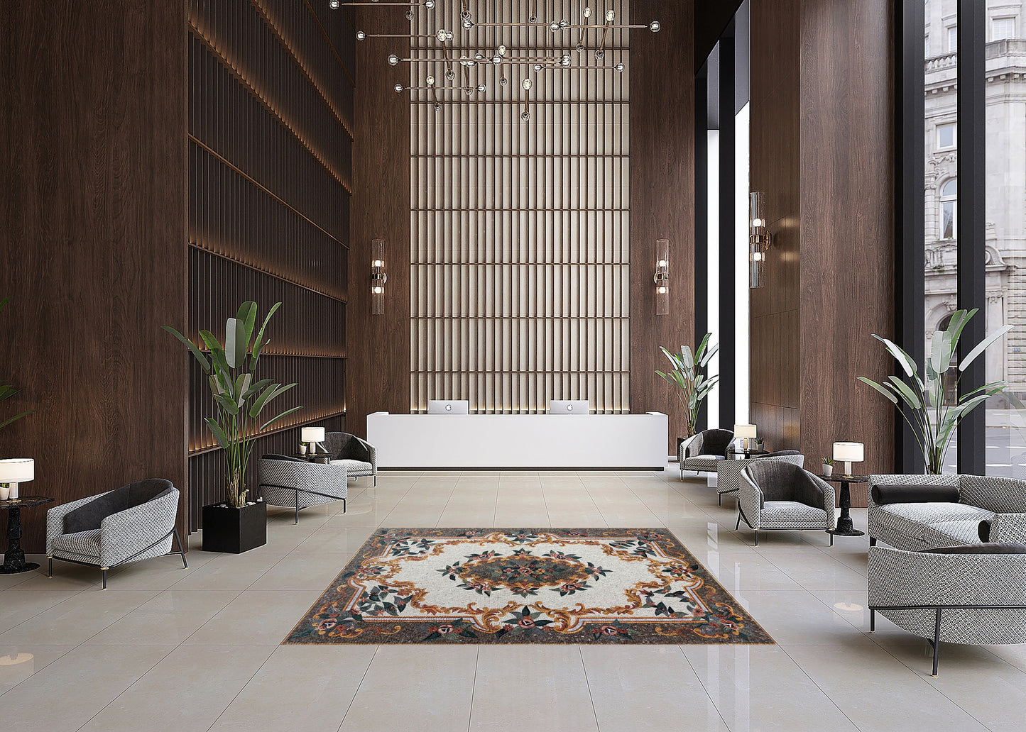 Floral Marble Mosaic Rug: Handmade Stone Art Carpet (90” x 60")