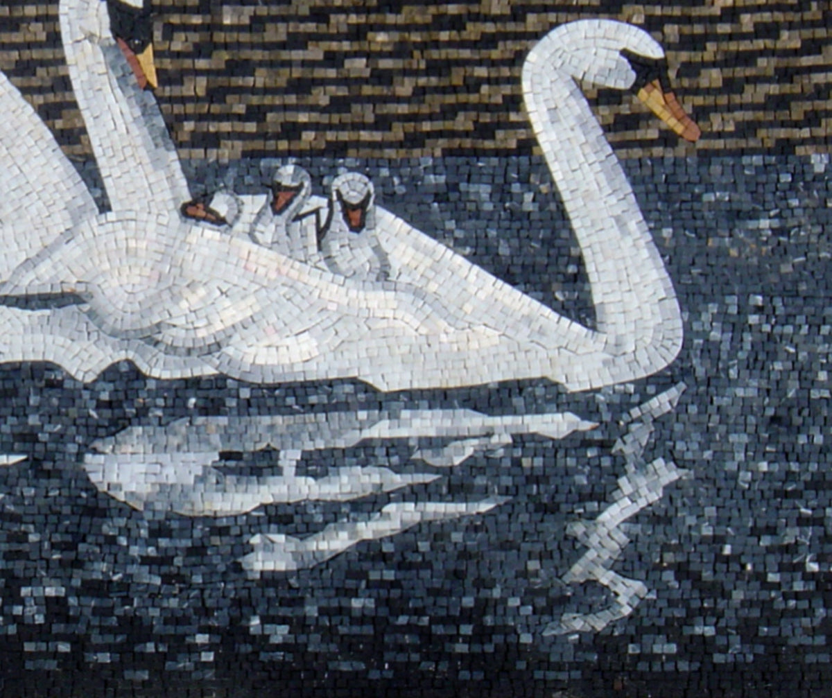 Handmade Swans Mosaic Tile Art: Family Swimming on Pond
