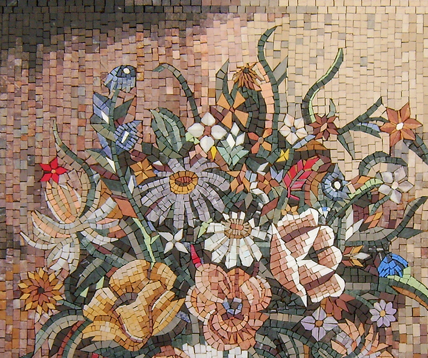 Handmade Marble Mosaic Tile Art: Bouquet in White Vase