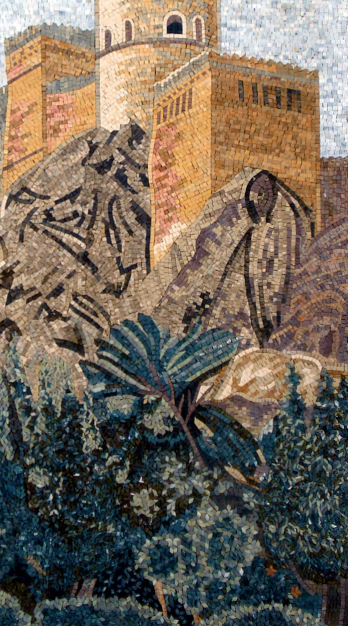 Handmade Fort Mosaic Tile Art: Stone Castle Wall Decor (52” x 28”)