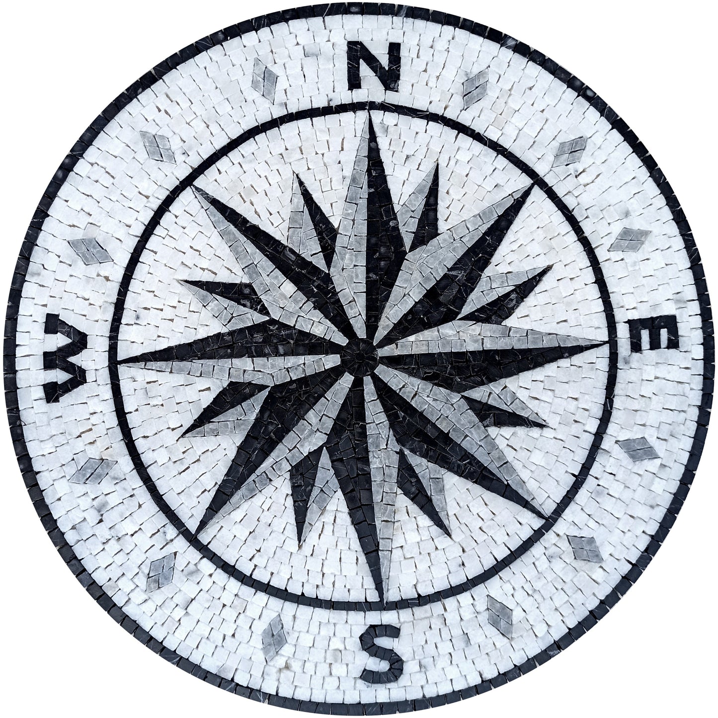 Handmade Marble Mosaic Medallion: Black and Grey Compass Artwork
