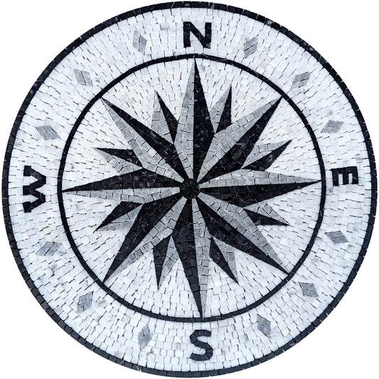 Handmade Marble Mosaic Medallion: Black and Grey Compass Artwork