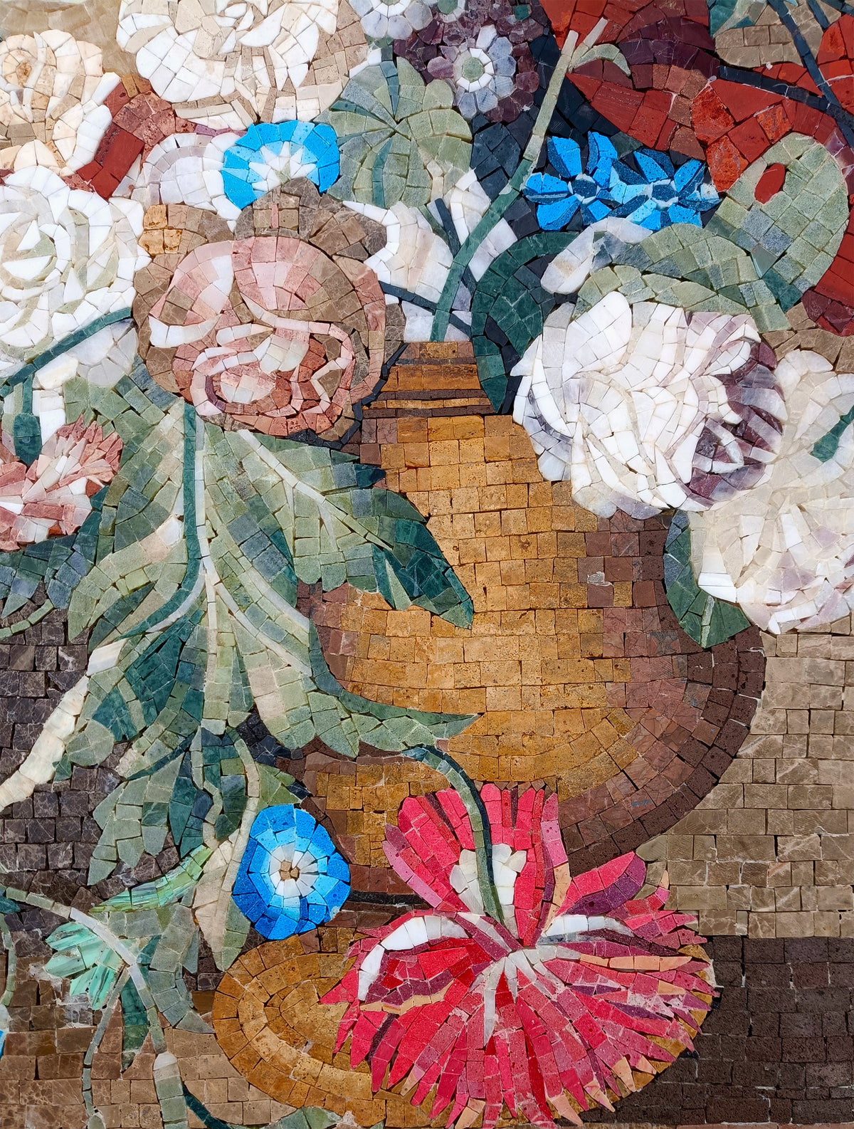 Handmade Marble Mosaic Art: Flowers in Urn - Wall Decor