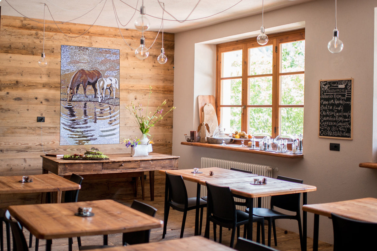 AN009 Horses Drinking Mural Marble Mosaic Art