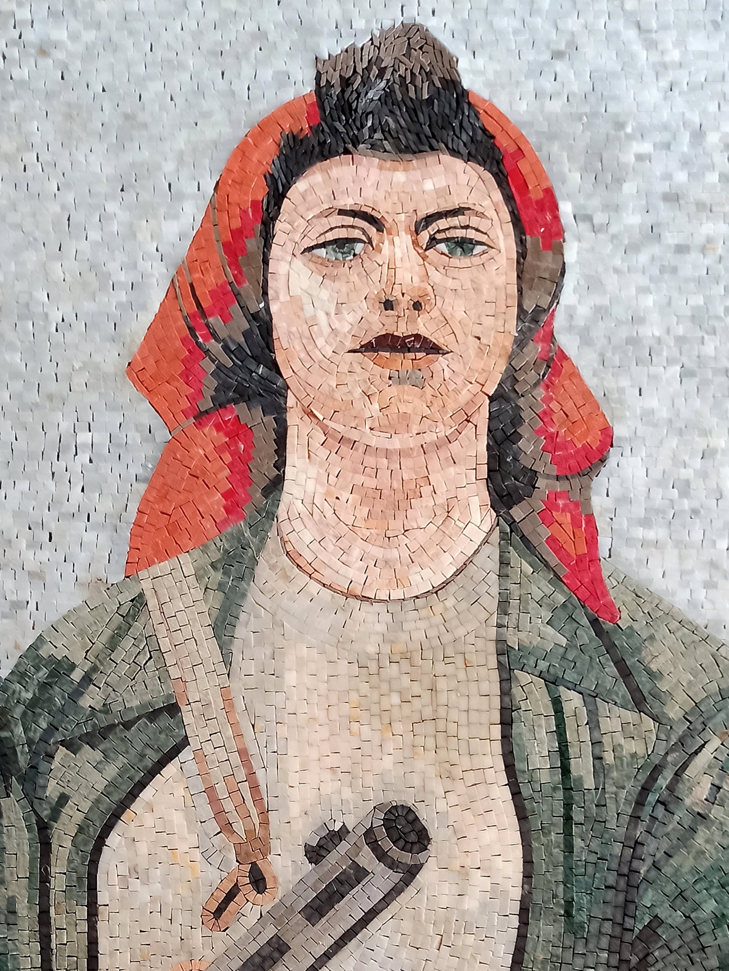 Hunter Woman Portrait Mosaic Tile Mural: Handmade Stone Art