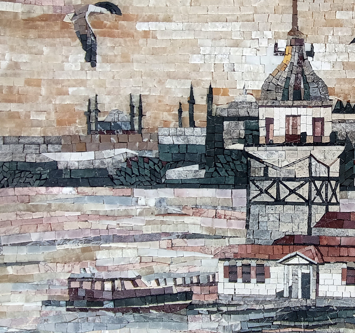 Handmade Turkish Mosaic Tile Art: Mosque & Birds Scenery (32” x 24”)