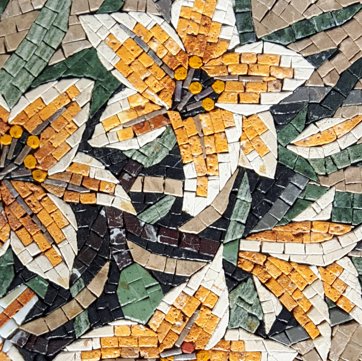 Handmade Marble Mosaic Flower Art: Yellow & White Lilies (20x20)