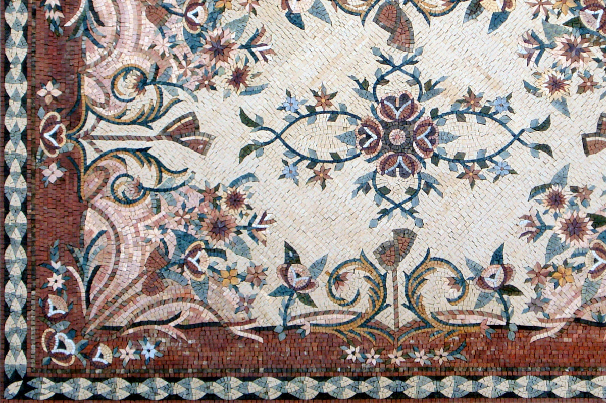 Floral Mosaic Rug: Handmade Marble Stone Art (80” x 54")