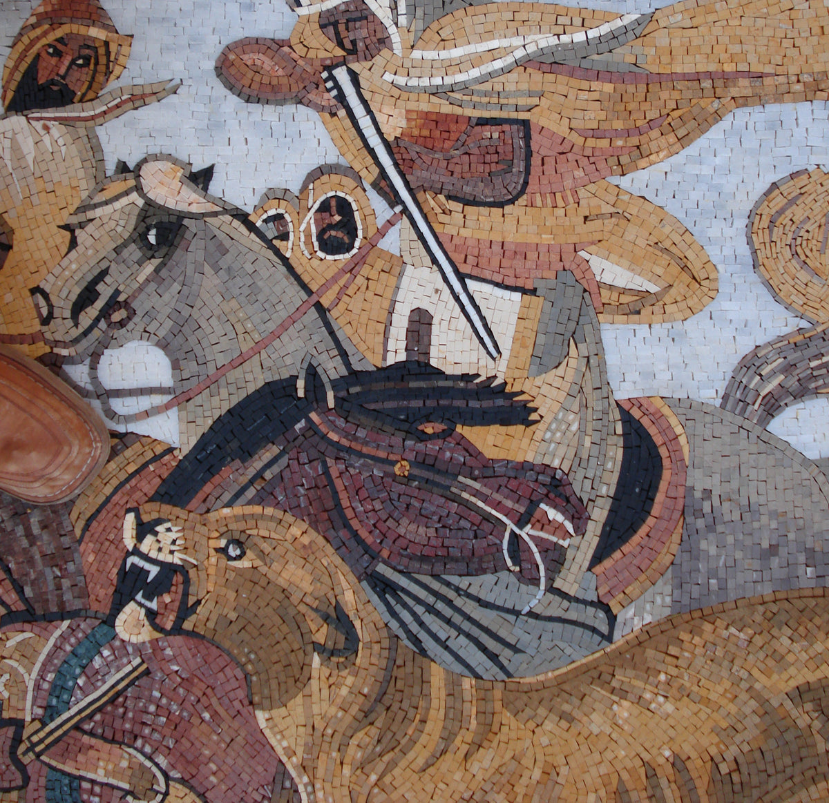 Lion Hunt Mosaic Mural: Horace Vernet Reproduction, Handmade Stone Tile Art