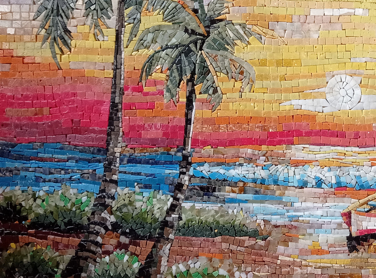 Handmade Sunset Mosaic Tile: Palm Trees & Boat Beach Scene