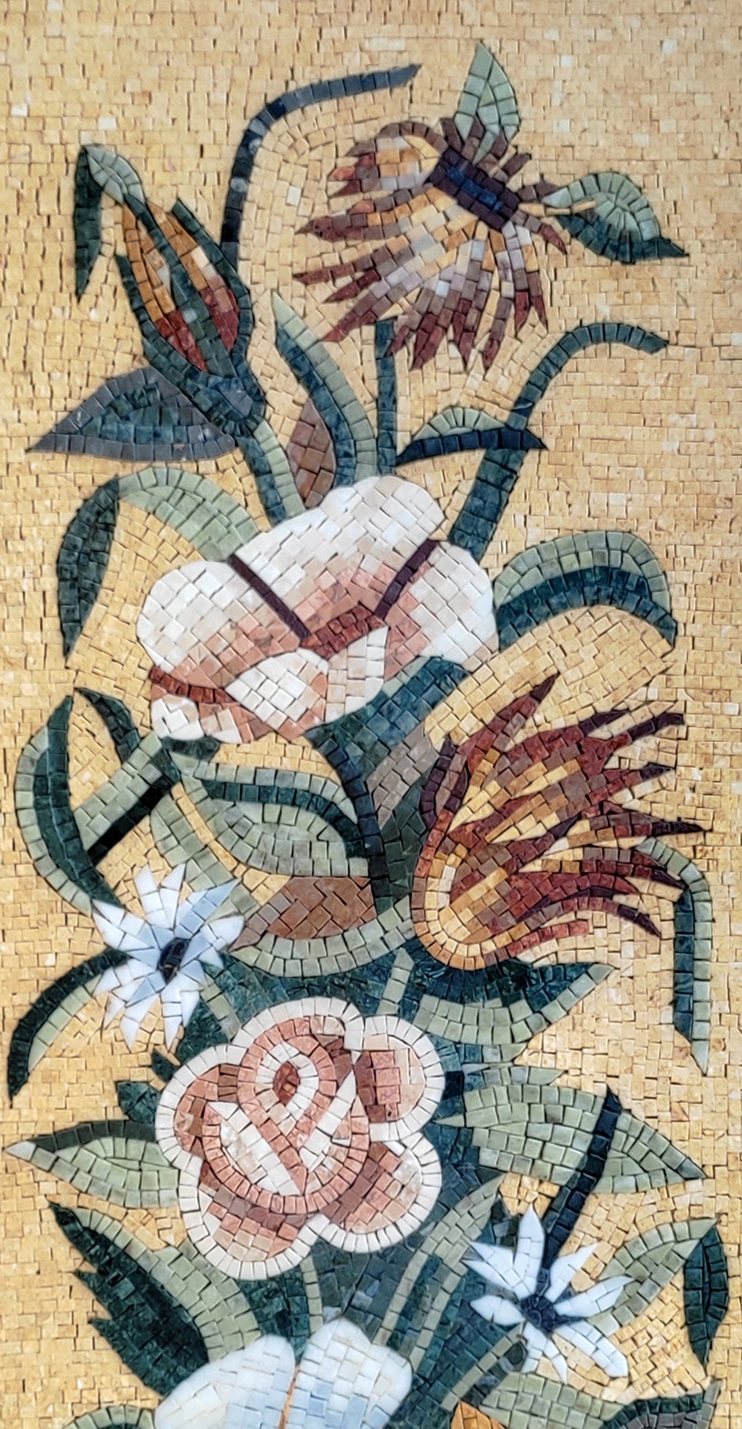 Handmade Marble Mosaic Art: Vertical Flower Vase Wall Decor (56” x 20")
