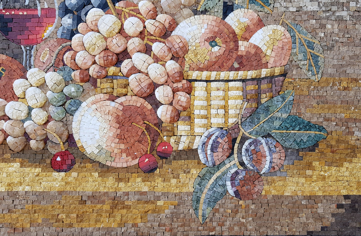 Handmade Fruit and Wine Mosaic: Kitchen Backsplash Wall Art