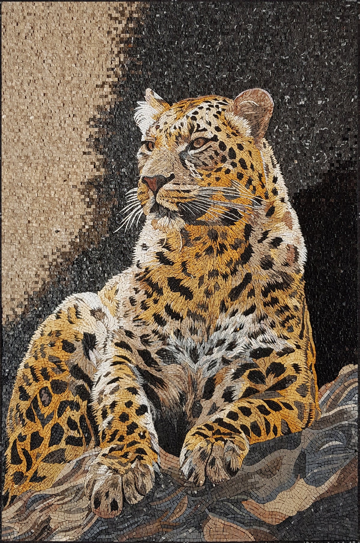 Handmade Leopard Mosaic Tile Art: Indoor/Outdoor Wall Decor (48” x 32")
