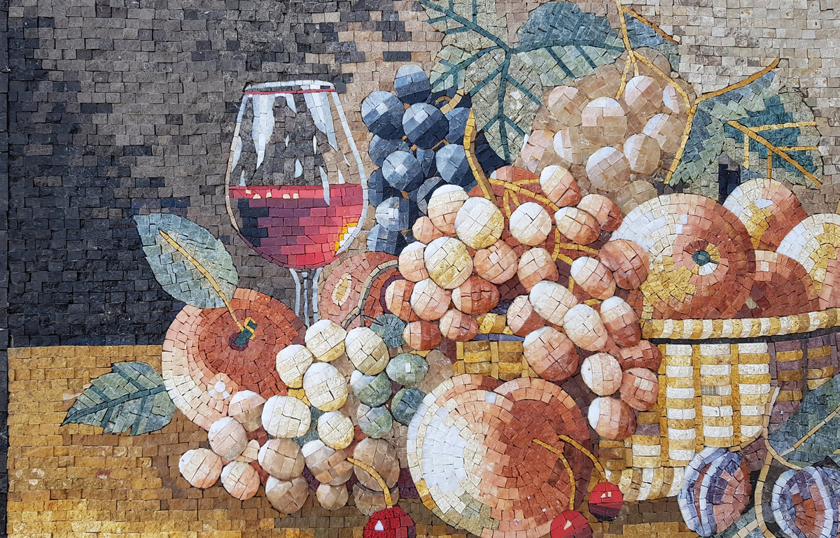 Handmade Fruit and Wine Mosaic: Kitchen Backsplash Wall Art