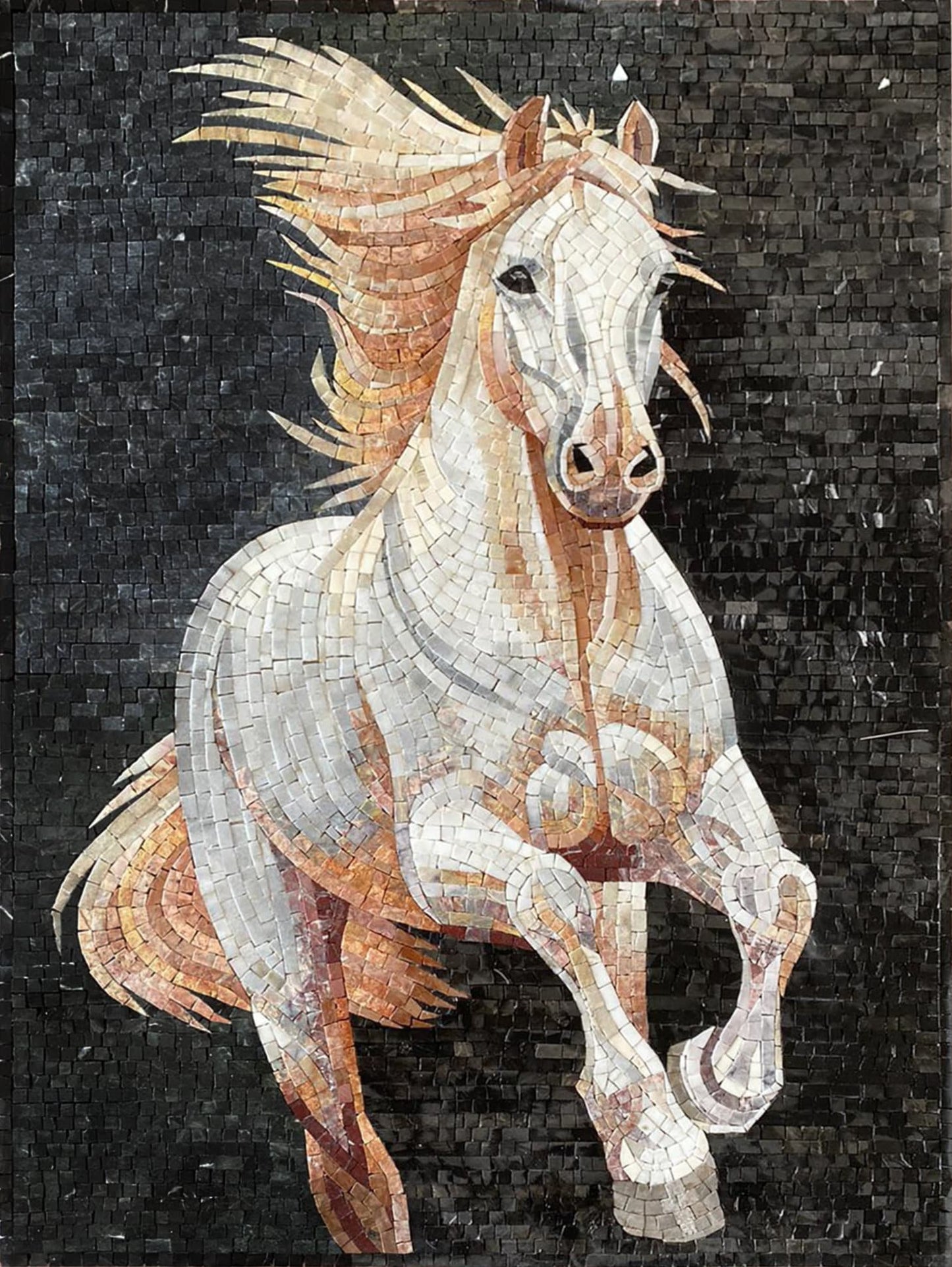 Handmade Marble Horse Mosaic Tile Art: Running Stallion Portrait