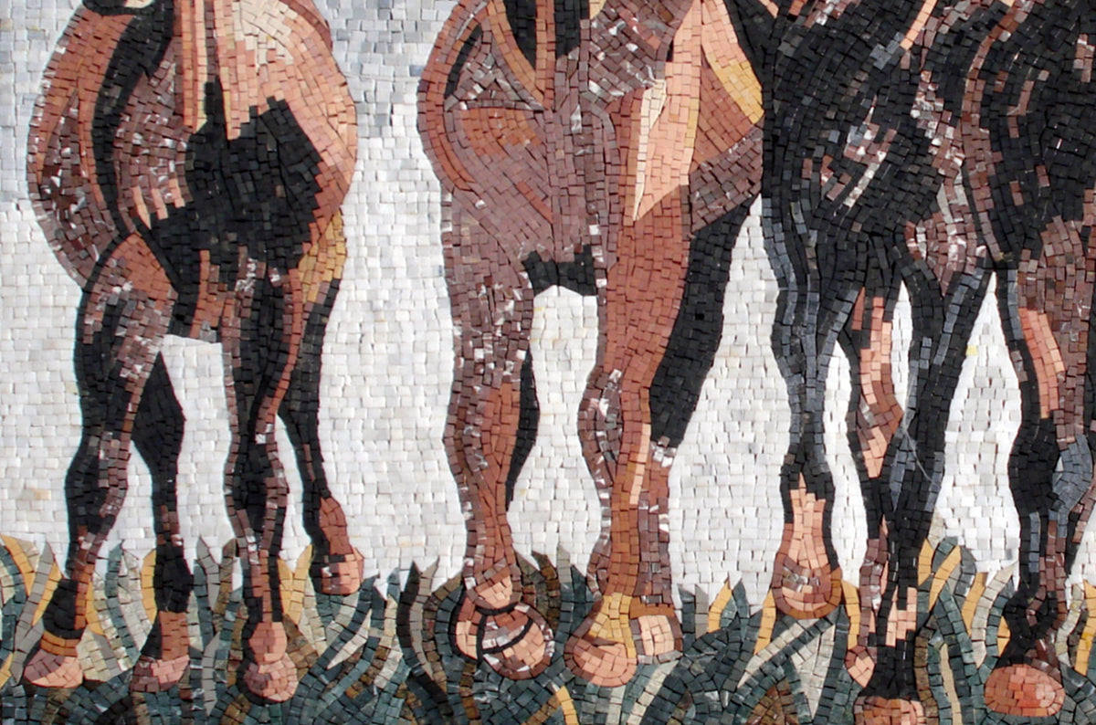 Handmade Marble Horse Mosaic Tile Mural: Galloping Horses Wall Art