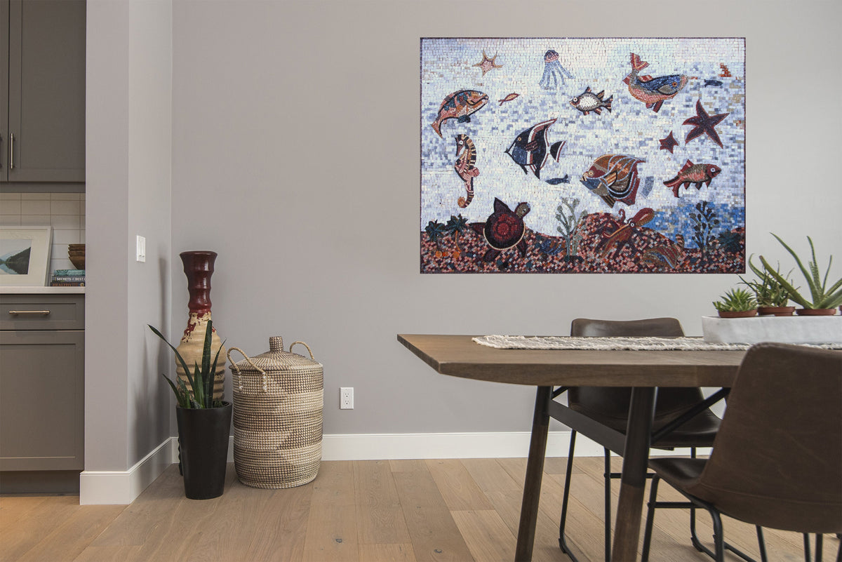 Handmade Sea Animal Mosaic Mural: Ocean Tile Art (50” x 36")