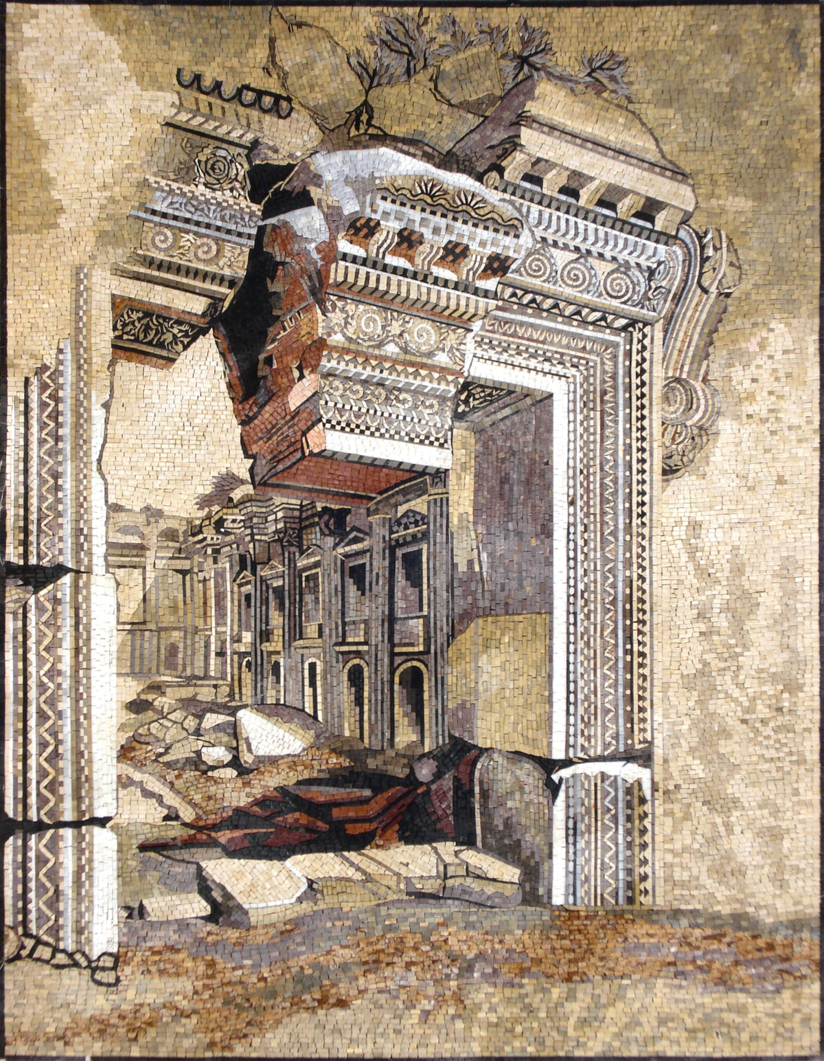 Handmade Ruin City Mosaic Tile Art: Marble Stone Wall Decor (62” x 48”)