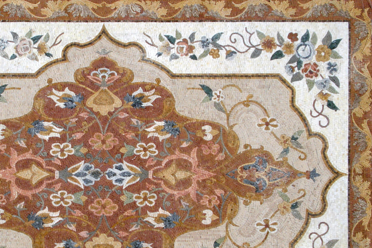 Handmade Marble Stone Mosaic Rug: Flower Design Art Tile (84” x 56")